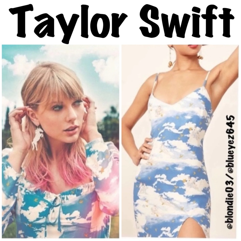 Reformation “Crimini” dress in the Cielo angel clouds print 2